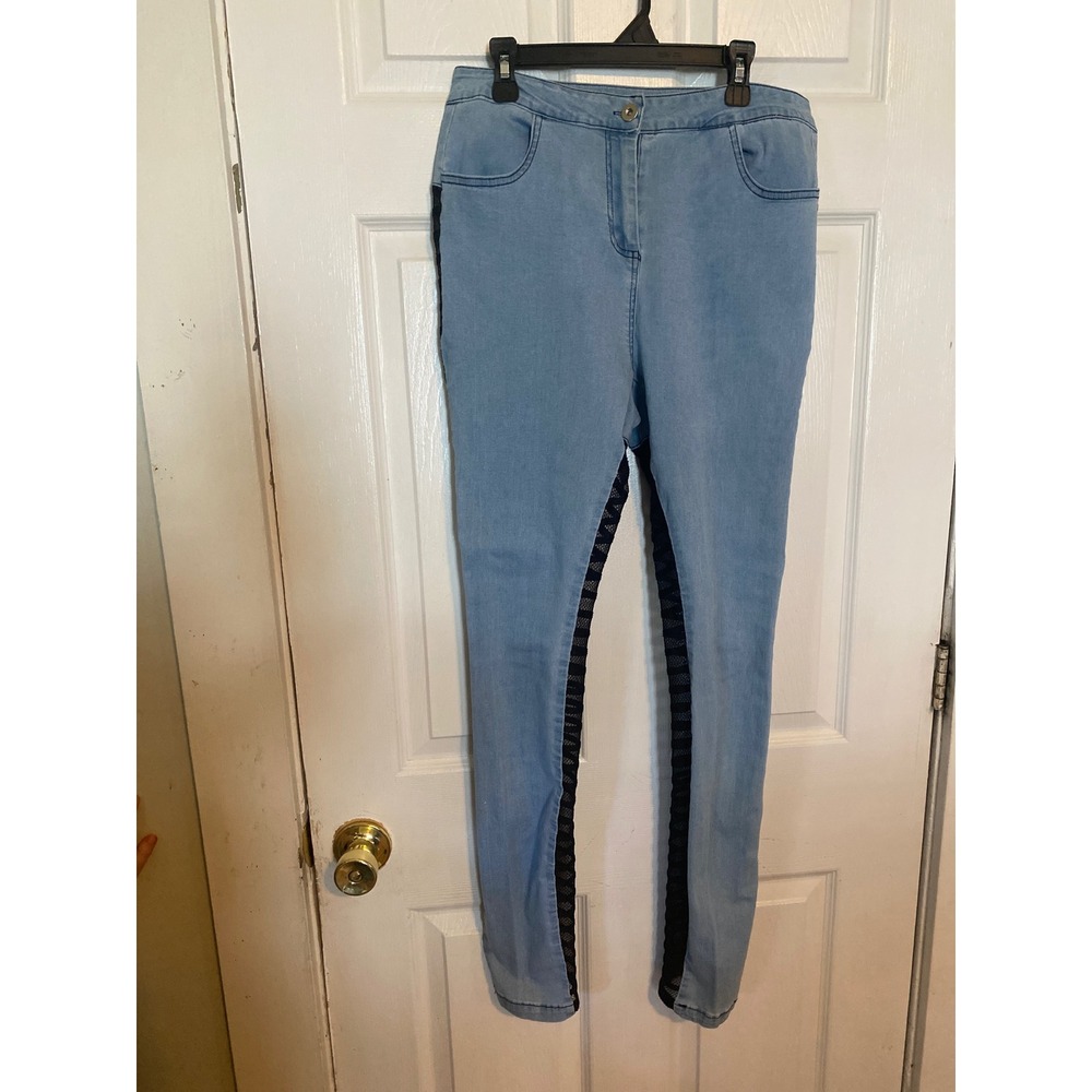 My Boo Light Wash Skinny Jeans with Black Striped Mesh Back Panels Size L